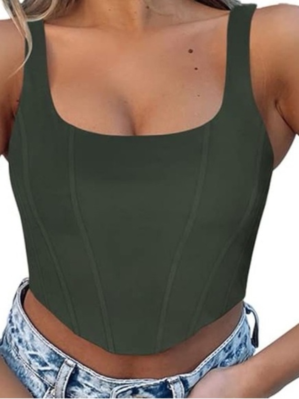 ReoRia M Olive Green Square Neck Corset Crop Top stretch bustier bralette shirt